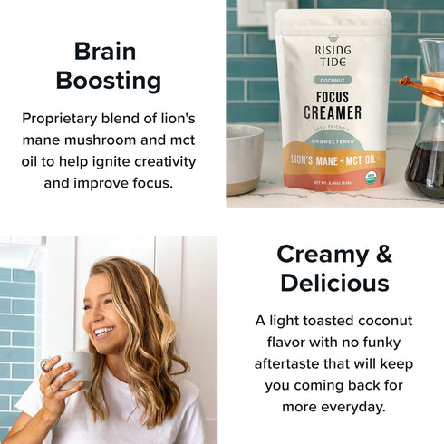 Rising Tide Organic Mushroom Superfood Creamer – Coconut Milk Powder, Lions Mane Mushrooms, MCT Oil - Non Dairy Cream Alternative for Coffee - Pla...
