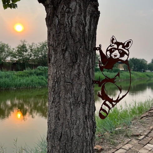 Garden Outdoor Decoration Rusty Metal Wall Art Corten Steel Raccoon Stake Animal Yard Decor Handmade Silhouettes Steel Metal for Yard Lawn Trees F...