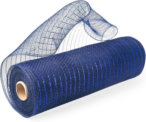 2 Rolls Navy Blue Deco Mesh Ribbon with Blue Foil Wire10 in x 30 ft,Metallic Poly Mesh Ribbon Rolls for DIY Wreath Supplies Ribbon for Christmas T...