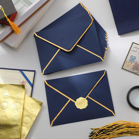 50 Pcs A7 Envelopes 5 x 7 Card Envelopes and 50 Pcs Gold Embossed Wax Seal Envelopes Self Adhesive V Flap Envelopes with Gold Border for Graduatio...