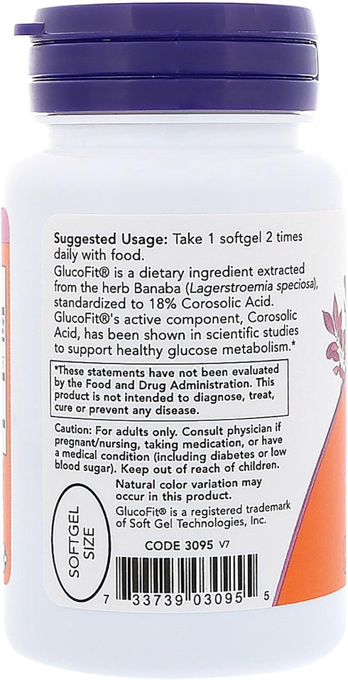 NOW Supplements, GlucoFit® with 18% Corosolic Acid, Supports Glucose Metabolism*, 60 Softgels...