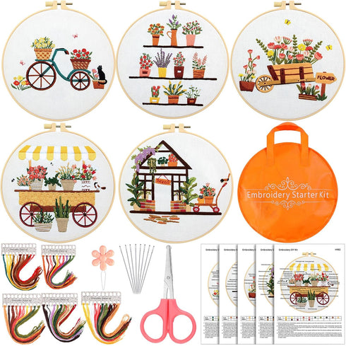 Kigley 5 Sets Embroidery Starter Kit for Adults Plant Lover Gifts for Women Beginners Flower Embroidery Shop Pattern for Kids Cross Stitch Set Nee...