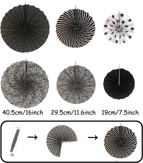 ZERODECO Party Decoration, 21 Pcs Black and Gold Hanging Paper Fans, Pom Poms Flowers, Garlands String Polka Dot and Triangle Bunting Flags for Bi...
