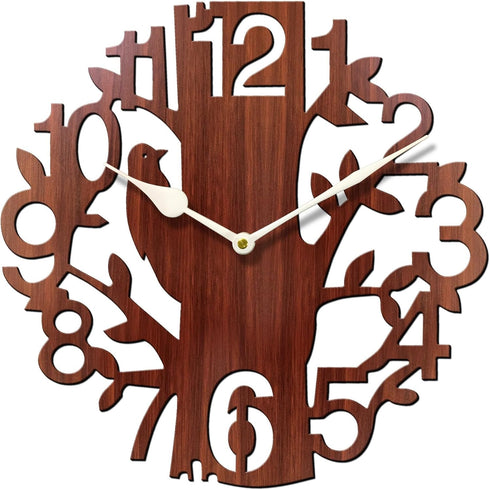 Tree Bird Round Wood Wall Clock (25 cm x 25 cm x 2.8 cm, Brown)...