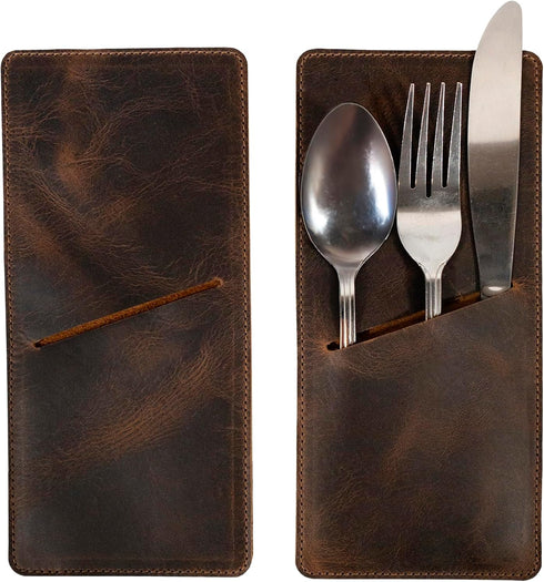 Set of 2 Rectangular Cutlery Sleeves, Utensils Place Setting, Silverware Holder, Flatware, Full Grain Leather, Handmade, Bourbon Brown...