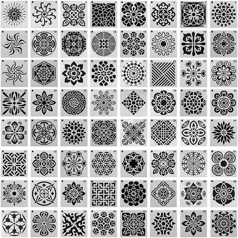 64 pcs (90 mm x 90 mm) Painting Stencils, DaKuan Mandala Dot Stencil for Artistic Creation, Murals, Books, Fabrics, DIY Artistic Creation, Reusabl...