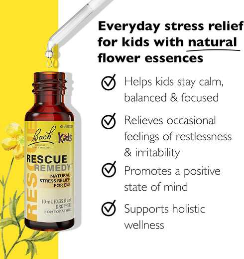 Bach RESCUE REMEDY KIDS Dropper 10mL, Natural Stress Relief, Homeopathic Flower Essence, Vegan, Gluten & Sugar-Free, Kid-friendly, Non-alcohol For...