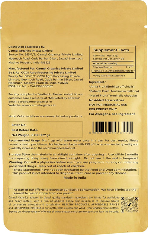 CARMEL ORGANICS Triphala Powder (8 Ounces) for Digestive Support | No Added Preservatives | Equal Blend of Harad, Baheda & Amla Fruits...