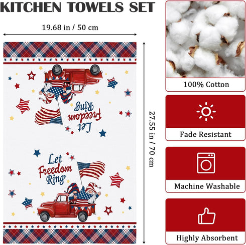 4th of July Patriotic Kitchen Towel 100% Cotton Independence Day Gnome Quick Dry Stars and Stripes Flag Tea Towels 20×27.5inch, Dishcloth for Dini...
