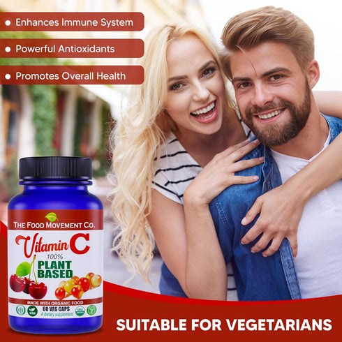 100% PLANT-BASED VITAMIN C 60 Capsules 125mg - Adults Immune System Antioxidant Support Dietary Supplement - Whole Food Vegan Supplements from Org...