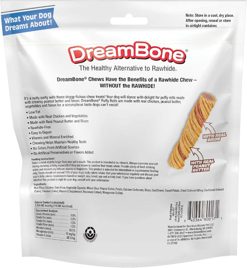 Dreambone Puffy Rolls Chews for Dogs, 8 Count, Treat Your Dog to Easy-to-Digest Rawhide-Free Chews Made with Real Peanut Butter and Bison...