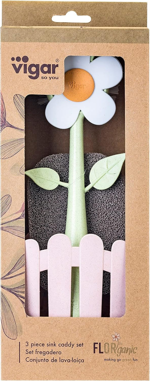 Vigar Florganic 3-Piece Sink Caddy Set, Eco-Friendly Daisy-Shaped Dish Brush, Sponge and Fence-Shaped Holder with Suction Cup, Pink...