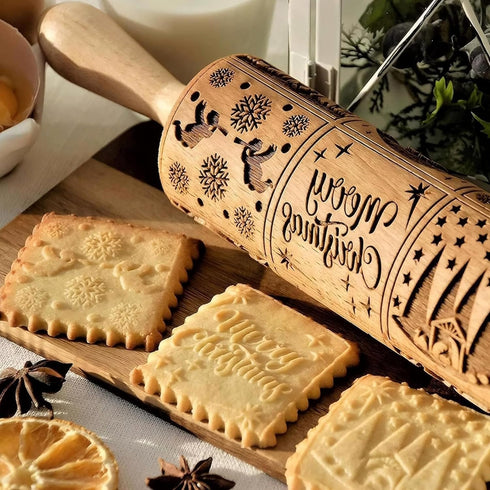 17" Premium Wood Rolling Pin with Nativity Embossed Designs | 3mm Deep Springerle Cookie Molds | Christmas Rolling Pin & Baking Gifts for Women | ...
