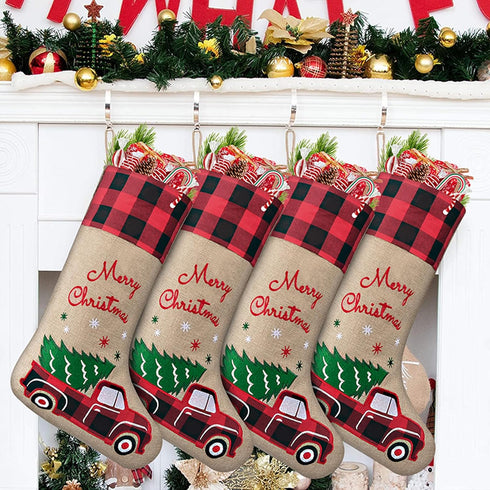 yuboo Burlap Christmas Stockings with Red Truck Xmas Decor 2 Pack, Buffalo Plaid Christmas Stockings 18-Inch Red Truck Christmas Ornaments Decorat...