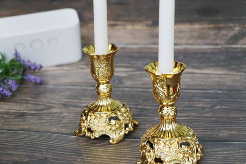 Taper Candle Holders with Deluxe Engraved Design, Set of 2 Premium Candlestick Holders in Gold...