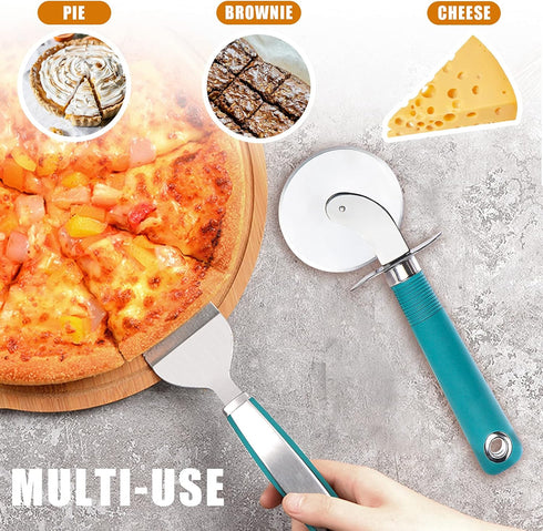 Webake Pizza Cutter Wheel Pie Serve Set, Large Pizza Slicer Stainless Steel Pie Cake Cutter with Non-slip Green Handle, Ideal for Cake Pizza Pies ...