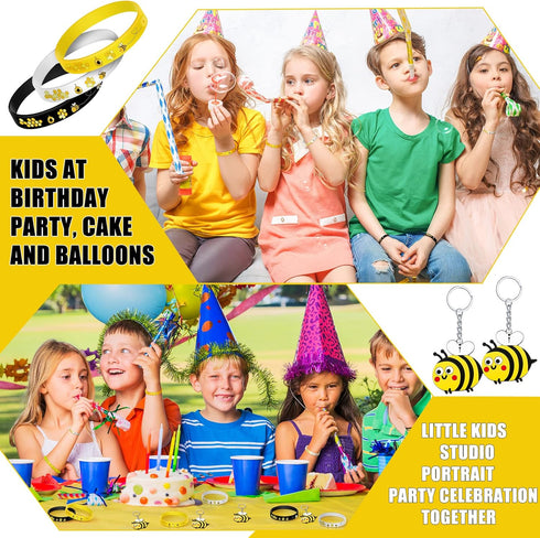 48 Pieces Cute Bee Keychain Bee Rubber Bracelets Bee Birthday Party Favors Honey Bee Silicone Wristband Bee Party Decorations for Birthday Supplie...