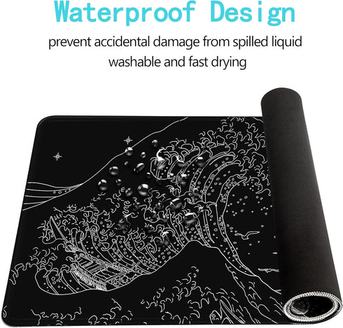 Black Gaming Laptop Mouse Pad,Sea Wave Big Mice Pads PC Keyboard Waterproof and Non-Slip 31.5 x 11.8inches 3mm Thick XL,XXL Rubber Table Mat, Kana...