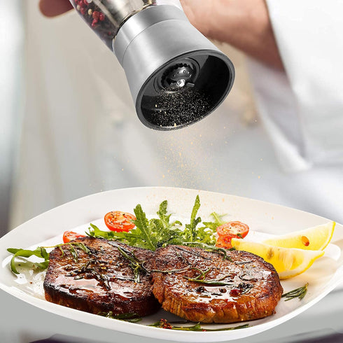 Herda Salt and Pepper Grinder - Refillable 304 Brushed Stainless Steel Shaker - Adjustable Ceramic Sea Salt & Pepper Grinder - Tall Glass Salt- Pe...