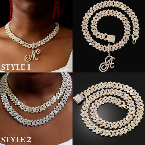 Gold Silver Plated Initial Cuban Link Chain Necklace for Women Cursive Letter Gold Miami cuban link chain Iced out chain with pendant for women (S...