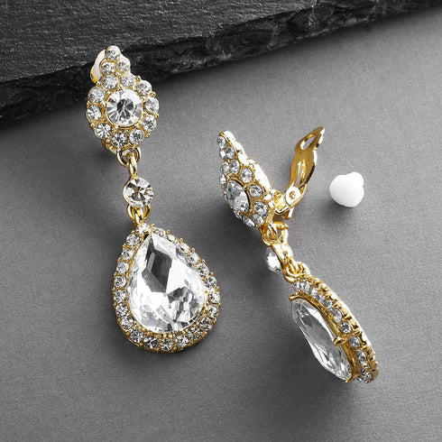 Mariell Gold Clip-On Earrings with Austrian Crystal Teardrop Dangles - Prom & Bridal Chandelier Clip Ons...