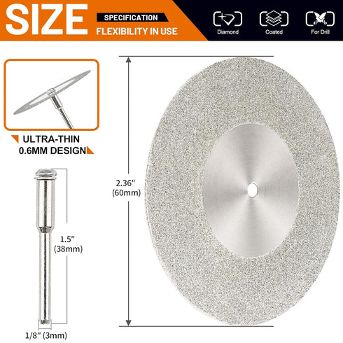 5Pcs 60mm Diamond Cutting Disc Cut Off Wheels with 5Pcs Mandrel 1/8'' Shank Stone Blade for Rotary Tool Drill Attachment Cutting Discs Polishing G...