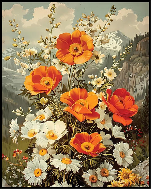Posterizer 1 pcs-vibrant orange and white flowers on the montainside-Floral & Botanical Art-Abstract & Modern Art-Decor for Home & Office- UNFRAME...