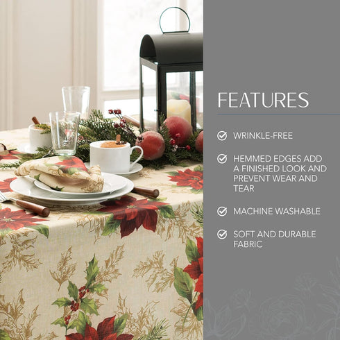 Elrene Home Fashions Festive Poinsettia Holiday Wrinkle Resistant Fabric Tablecloth, Multi, 60"x120" Rectangle...