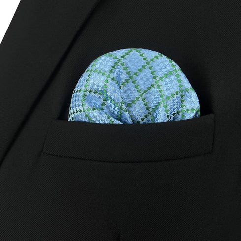S&W SHLAX&WING Mens Pocket Square Checkered Green Azure Baby Blue Pattern for Suit Jacket Large...