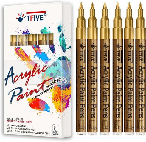 Gold Marker Paint Pens - 6 Pack Acrylic Gold Permanent Marker, 0.7mm Extra Fine Tip Paint Pen for Art projects, Drawing, Rock Painting, Stone, Cer...