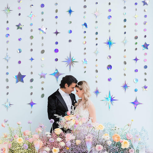Iridescent Party Decorations Star Circle Dot Paper Garland Banner Bunting Streamer Metallic Hanging Twinkle Star Decoration for Kids Birthday Baby...