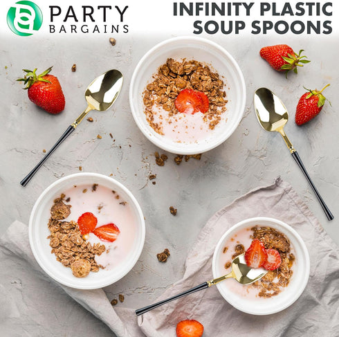 Party Bargains Disposable Plastic Black Gold Soup Spoons, Infinity Modern Design Utensils, 20 Pack...