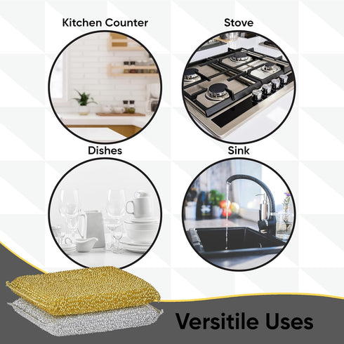 Kitchen Sponge Scrubber, Heavy Duty, Hand Friendly Scouring Sponge for Sink, Pot, Dish Washing Scrubber Non-Scratch Sponge (Gold-Silver)...