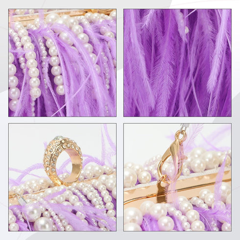 Feather Clutches Purses for Women Bag?Pearl Fluffy Evening Handbags for Wedding Anniversary Party...