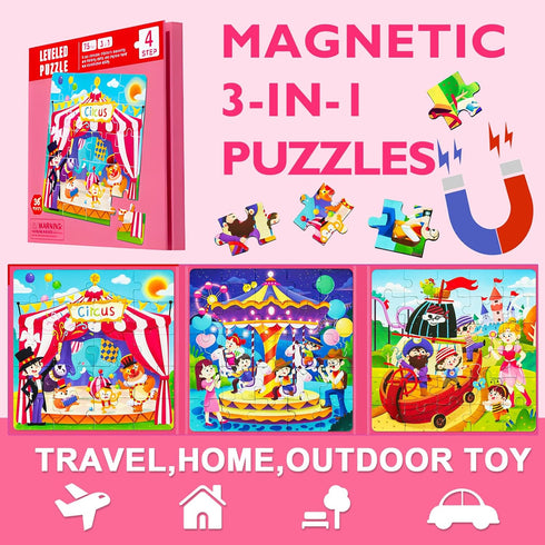 Magnetic Puzzles for Kids Ages 3-5, Toddler 3 in 1 Circus Jigsaw Puzzle Book, Kids Travel Puzzles Toys, Montessori Preschool Learning Toy for 1-5 ...