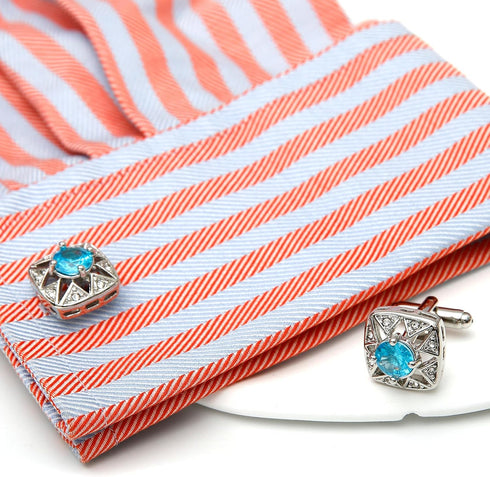 Faceted Light Blue Crystal Cufflinks for Men In Gift Case Classic Square Shape Gemstone Men's Cufflinks Jewelry Set for Wedding Anniversary Busine...