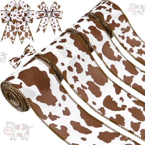 4Roll Brown Cow Wired Edge Ribbon Brown White Cow Patterned Burlap Ribbon Animal Print Fabric Ribbon for Gift Wrapping Wreath Making Craft Supplie...
