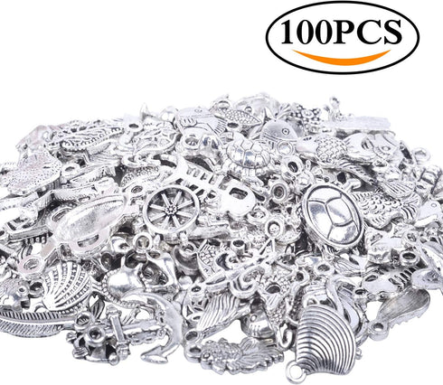 BronaGrand 100pcs Mixed Antique Silver DIY Ocean Fish & Sea Creatures Charms Pendants for Making Bracelet and Necklace...