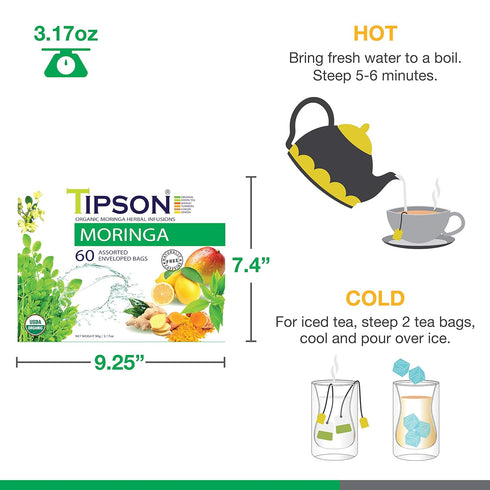 Tipson Organic Moringa Variety Sampler - 6 Flavors (60 Tea Bags),- Herbal Tea Infusions - USDA Organic, Non-GMO, and Gluten Free...