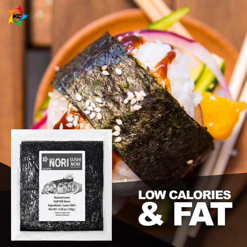 KIMNORI Sushi Nori Seaweed Sheets – 100 Half Cut Size Yaki Roasted Rolls Wraps, Resealable Bag, 100% Natural Laver, Fresh Premium Restaurant Quali...