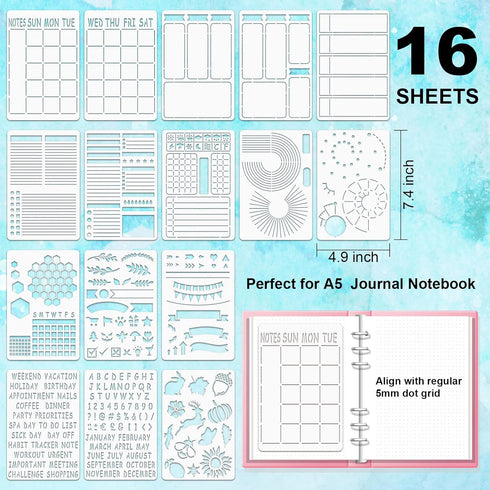ALODNY 16 Pcs Journal Stencils Set - Time Saving Bullet Journaling Supplies/Accessories Kit -Ultimate Productivity Planner Stencil for Bullet Jour...