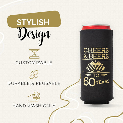 Cheers and Beers to 60 Years Can Coolers, Set of 12 - Black and Gold 60th Birthday Decorations and Party Favors for Men and Women - Cheers to 60 Y...