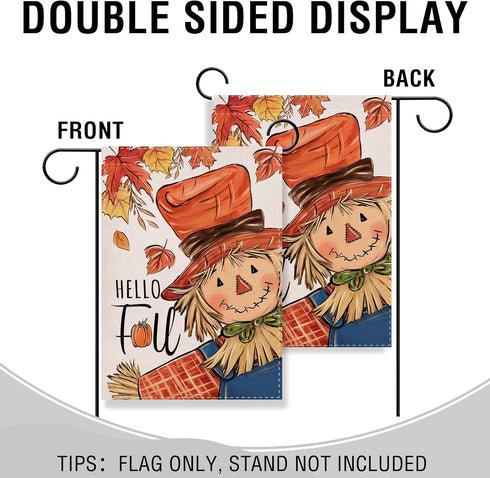Hello Fall Scarecrow Small Decorative Garden Flag, Autumn Maple Leaves Rustic Yard Lawn Outside Decor, Thanksgiving Seasonal Farmhouse Country Out...