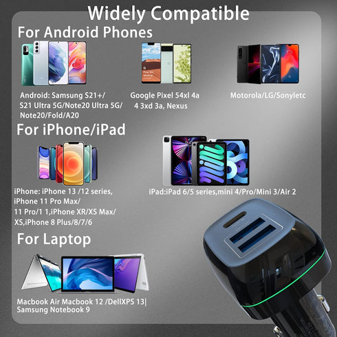 USB C PD Car Charger 60W -3 Port Type C PD 45W?USB-A 12W, Fast Charge Compatible for iPhone, MacBook, iPad Pro, Dell XPS13, Chromebook Pixels, Sam...