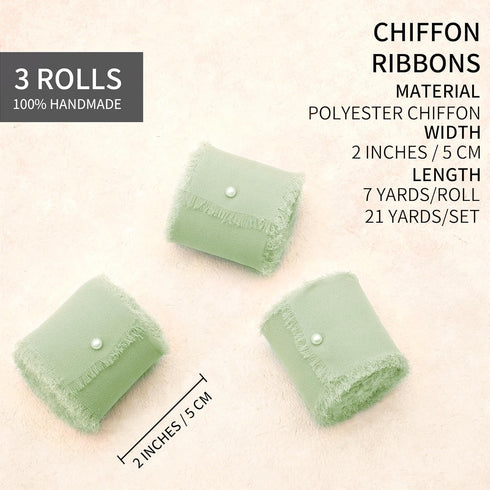 DORIS HOME 3 Rolls 2"x7Yd Fringe Chiffon Ribbon for Flower Bouquet, Handmade Sage Green Ribbon for Gift Wrapping, Frayed Edge Ribbon for Crafts, D...