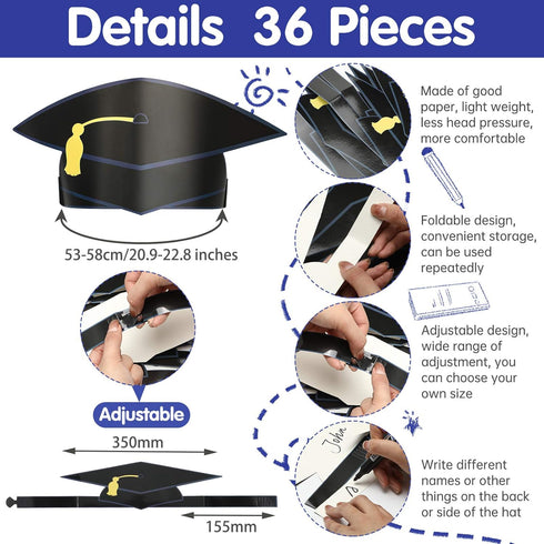 Syhood 36 Pcs Paper Graduation Cap for Kid Adult 2025 Adjustable Graduation Hat Headband Crown for Ceremony Party(Black)...