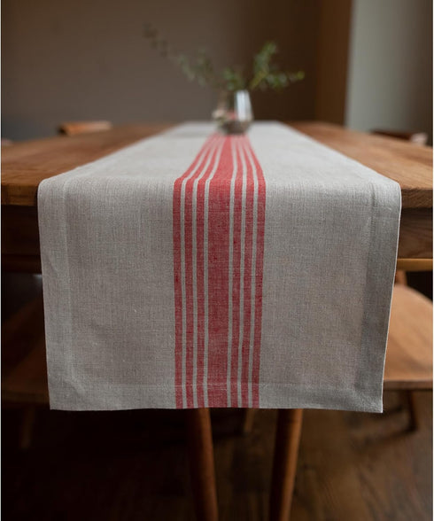 Solino Home Linen Striped Table Runner 48 Inches - 100% Pure Linen Red and Natural Farmhouse Small Table Runner 14 x 48 Inch Ideal for Dresser and...
