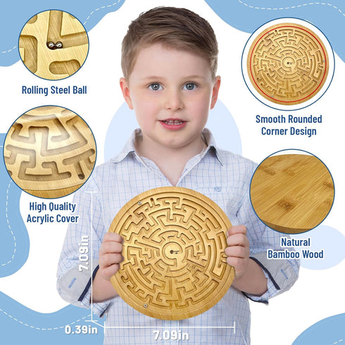 Wooden Labyrinth Board Game, Round Marble Ball Maze Puzzle Balance Board, Busy Toddler Maze Puzzle Logic Game Toy Personalized Gift for Kids, Teen...
