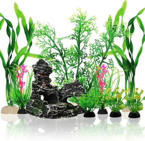 Fish Tank Accessories Aquarium Decorations Plants, 9pcs Green Fish Tank Decorations Plants and Cave Rock Decoration Decor Set, Aquarium Decor Plas...