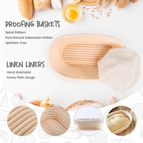 Bread Proofing Baskets Set of 2 10 inch Oval Shaped Dough Proofing Bowls w/Liners Perfect for Professional & Home Sourdough Bread Baking...